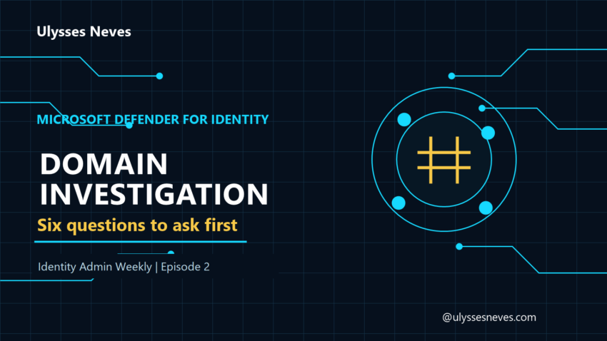 Dark circuit-themed banner for Microsoft Defender for Identity domain investigation: six questions to ask first