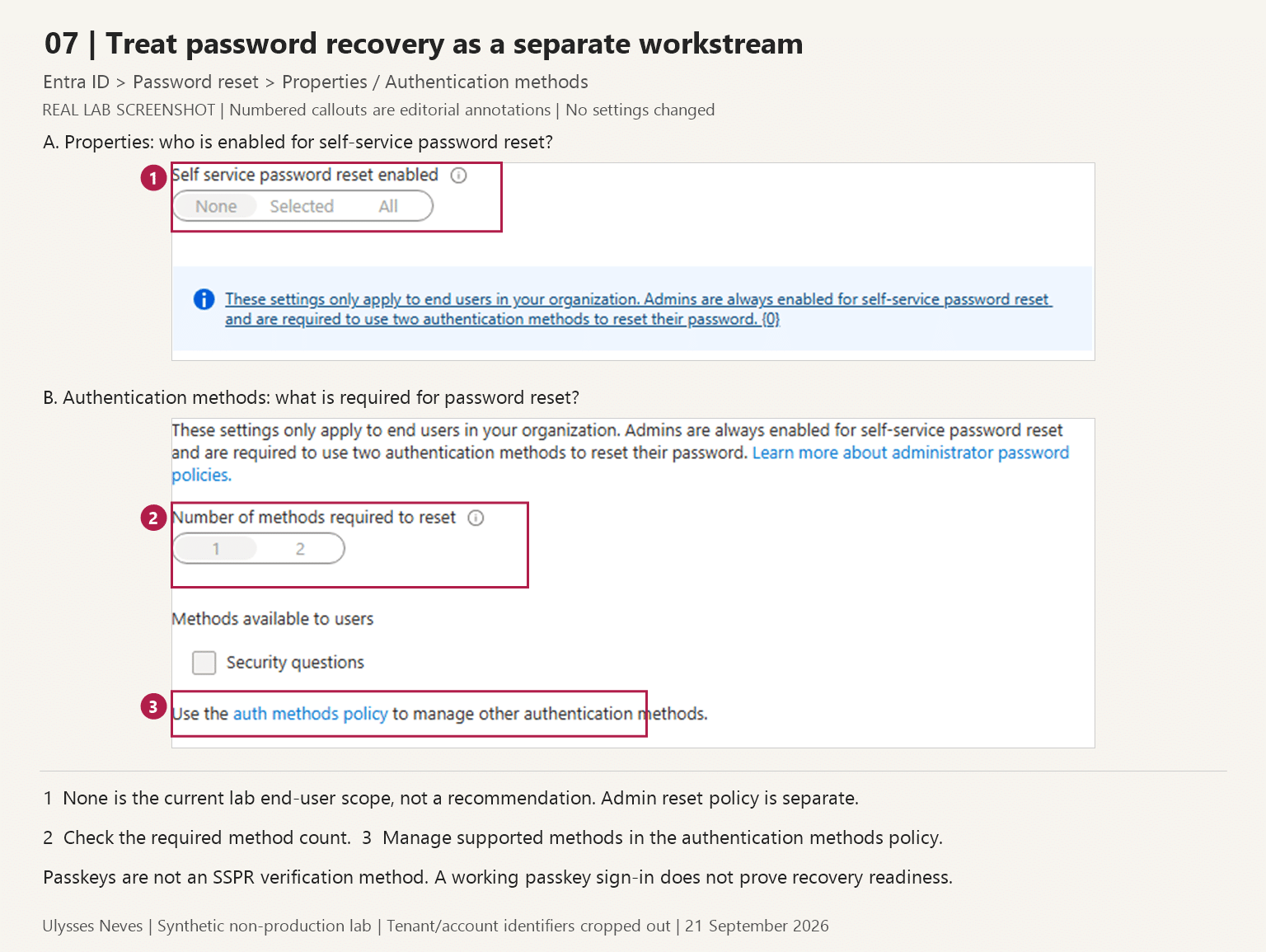 Password-reset settings in the lab, highlighting end-user scope, required method count and method-policy management.